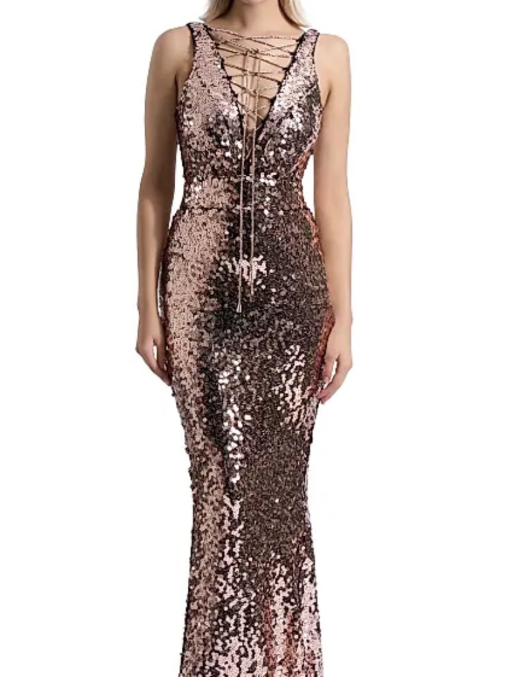 Zhivago Women's Double Star Stretch Sequin Lace-Up Gown Beige 4 NWT